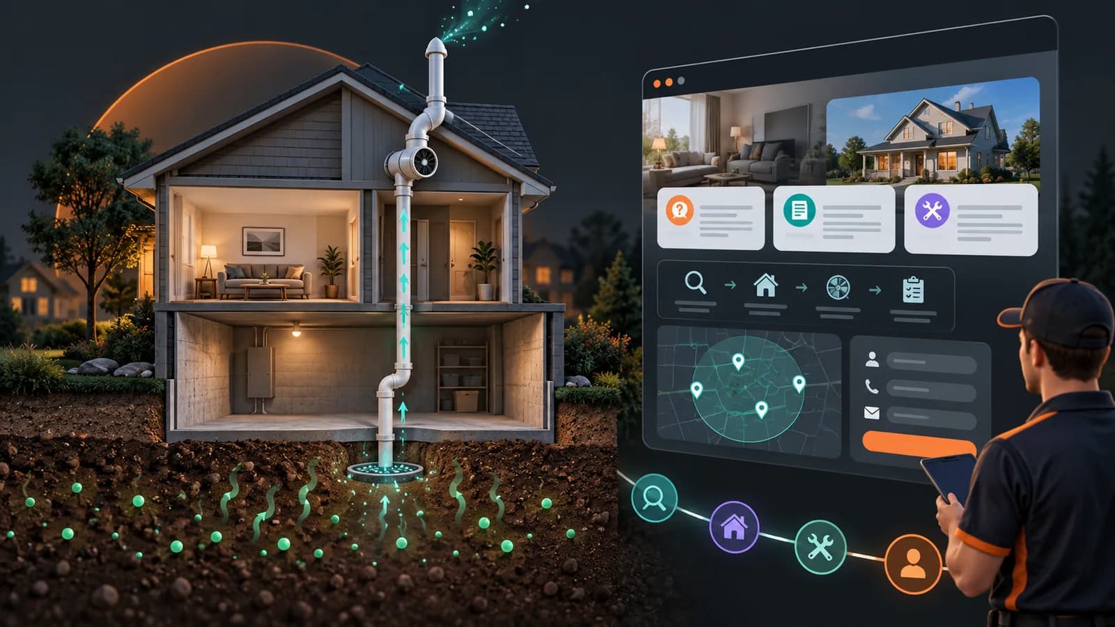 Illustrative radon mitigation local marketing system connecting a generic home ventilation system, educational answers, inspection steps, inquiry routing, and fictional service areas.