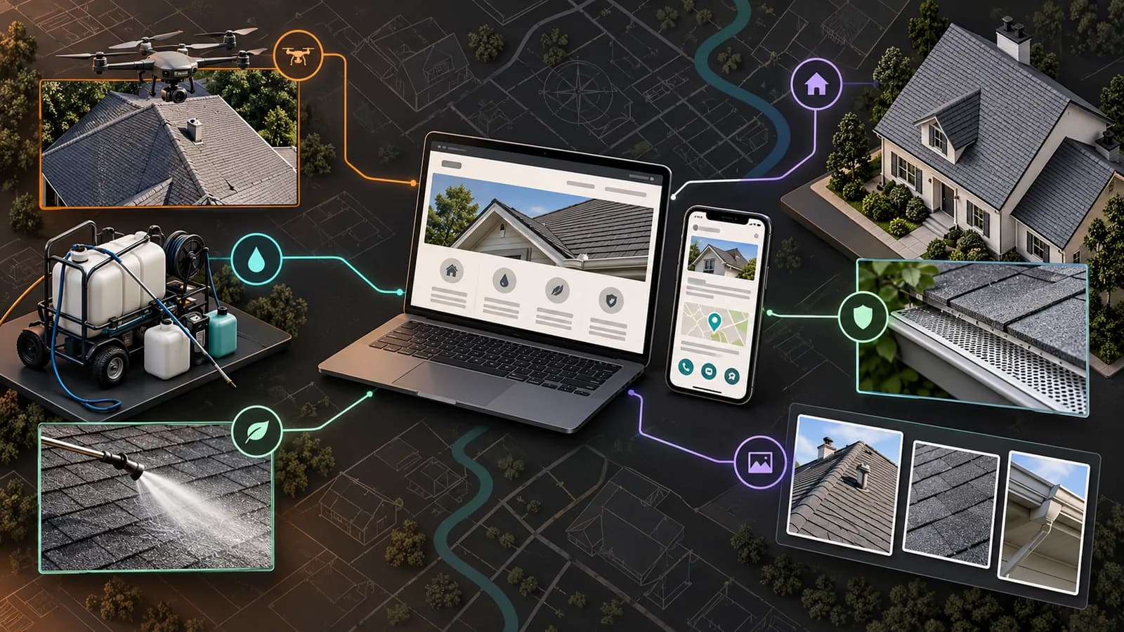 Illustrative roof cleaning local marketing system connecting inspection photos, soft-wash equipment, shingle and gutter details, a contractor website, and fictional service areas.