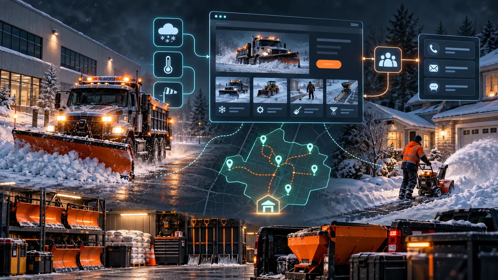 Illustrative snow removal local marketing system connecting commercial plowing, residential clearing, equipment readiness, inquiry routing, and fictional service-area routes.