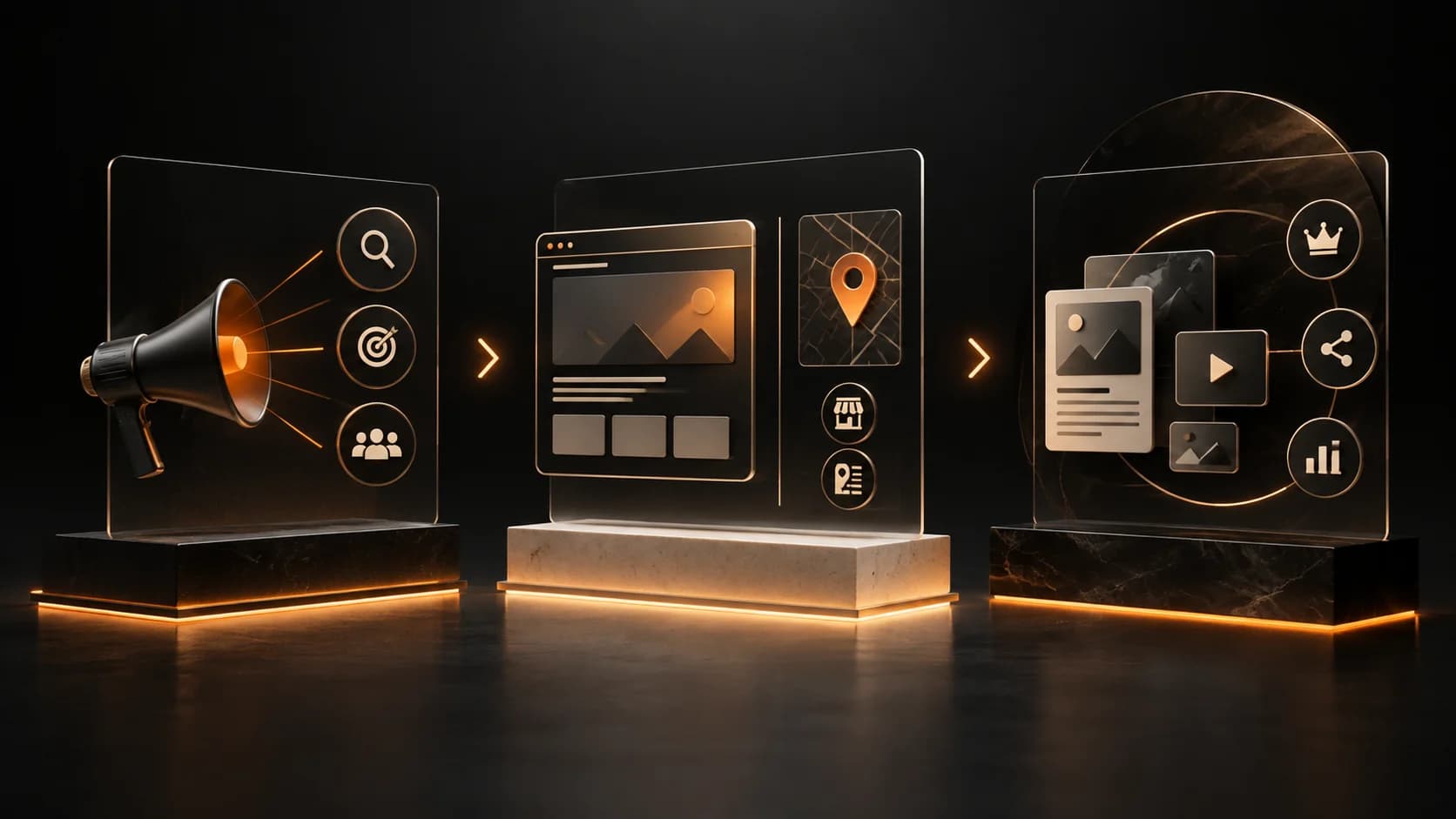 Conceptual three-stage marketing package system progressing from paid acquisition to owned local assets and expanded authority