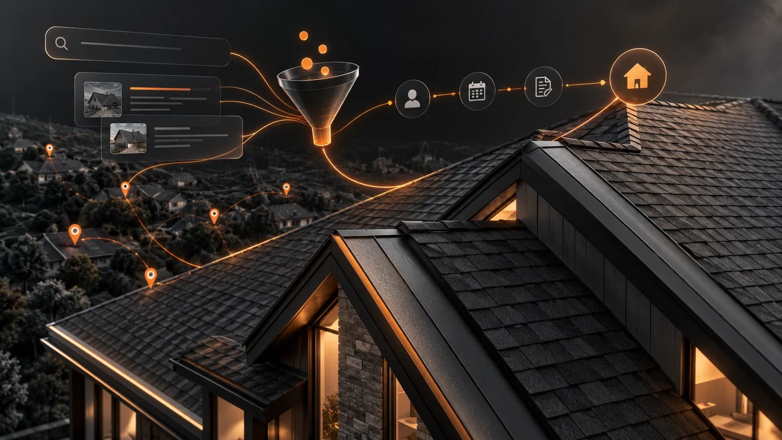 Conceptual roofing marketing system connecting search visibility, service areas, qualification, and roofing work