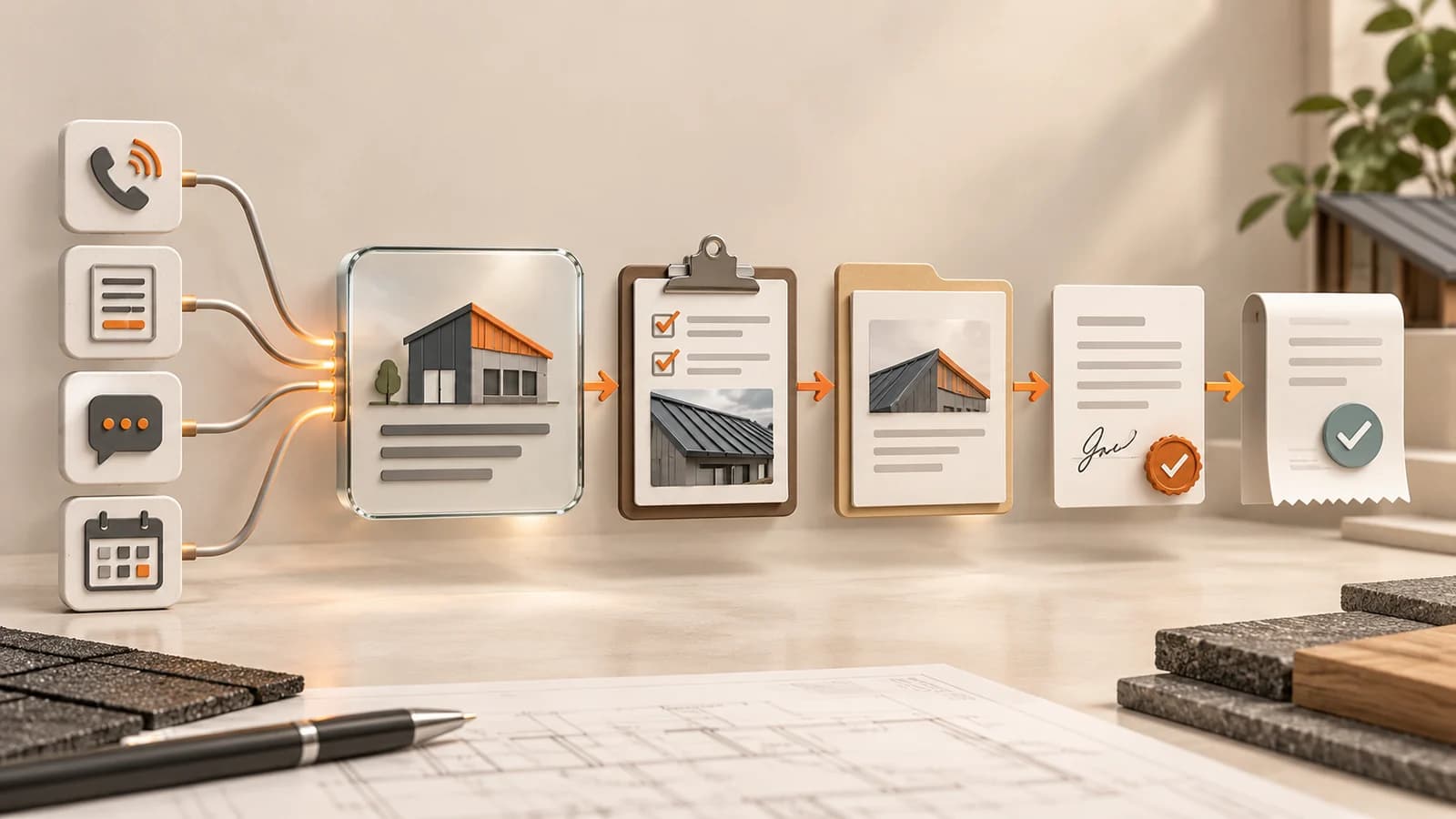 Conceptual roofing customer journey from calls, forms, messages, and bookings through one opportunity record to paid work