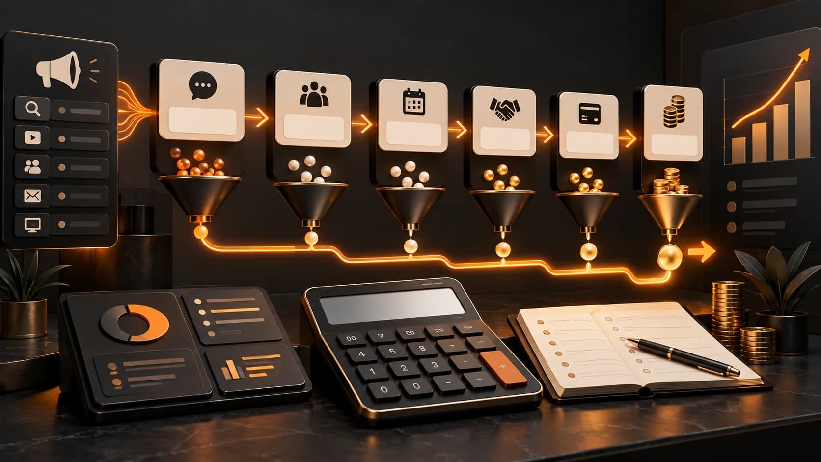 Conceptual acquisition-cost workflow from media spend and inquiries through booked appointments, customers, and collected revenue