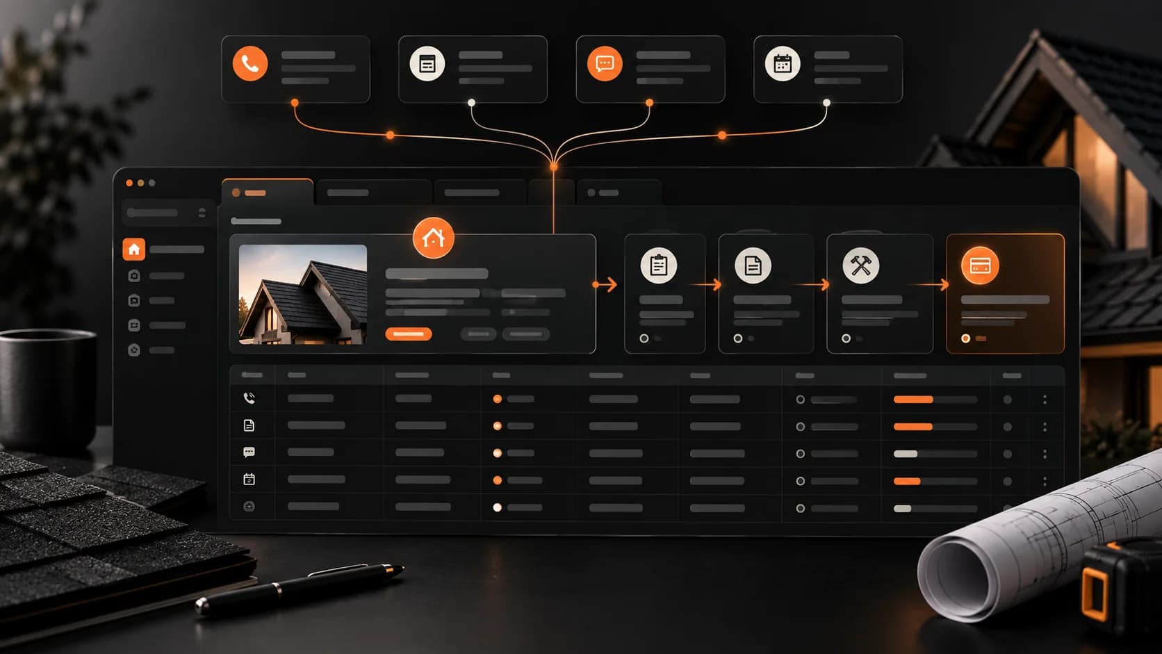 Conceptual roofing ledger workspace linking calls, forms, messages, and bookings to one opportunity and later sales stages
