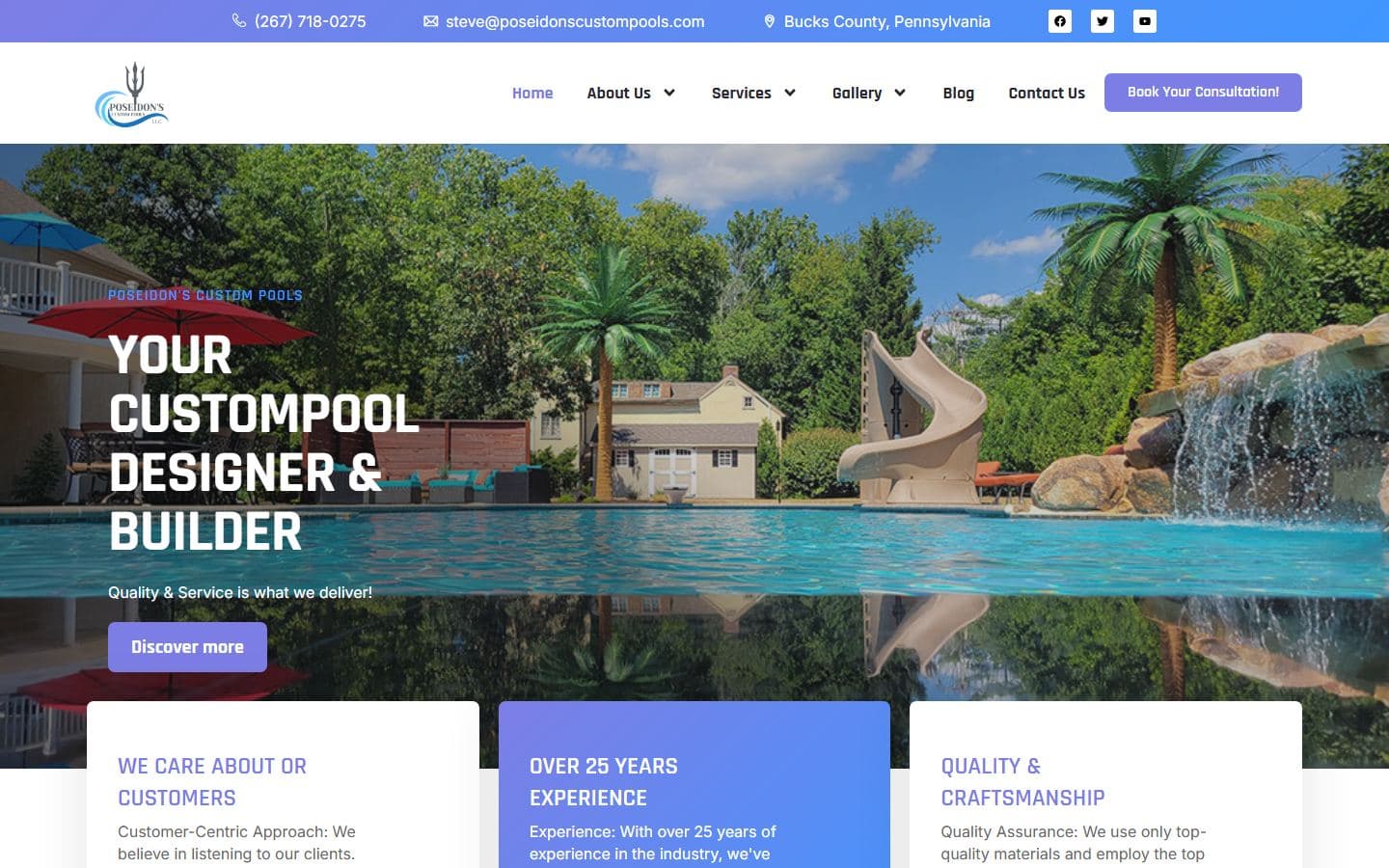 Poseidon's Custom Pools website ranking #1 in the map pack across 9 of 12 cities