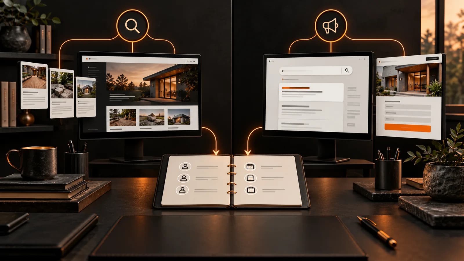 Illustrative balanced contractor acquisition system showing owned website content and paid search converging into a shared inquiry and appointment ledger without performance figures.