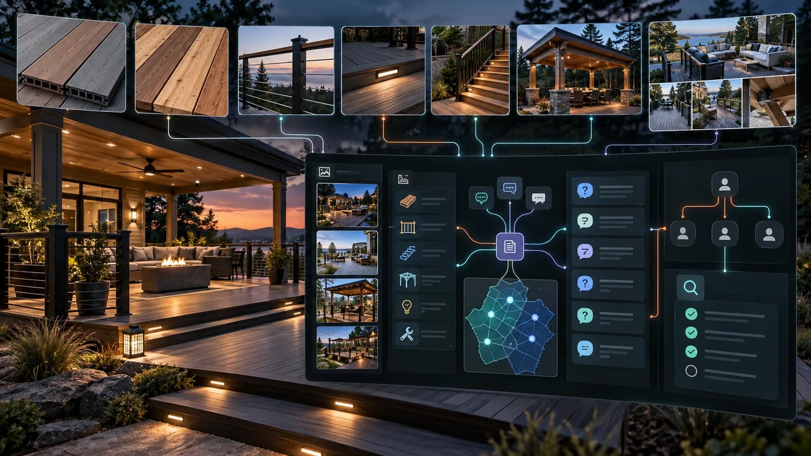 Illustrative deck-builder SEO system connecting material choices, railings, lighting, project photography, fictional coverage, buyer questions, and lead-quality review.