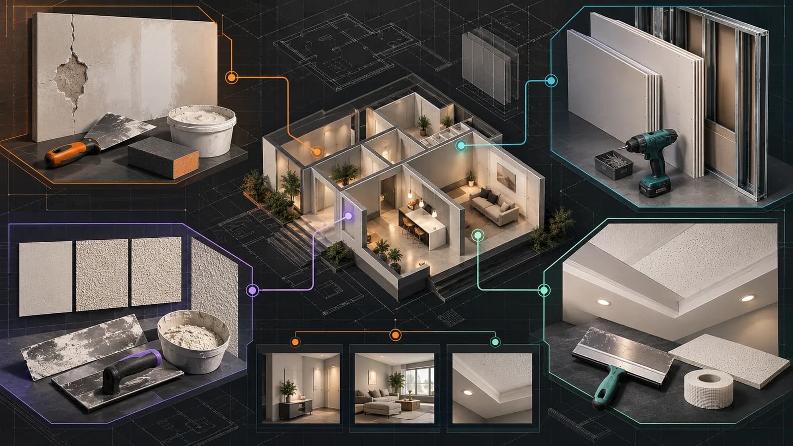 Illustrative drywall contractor service system showing repair, installation, texture, ceiling, and finished-room visuals around a residential floor plan.