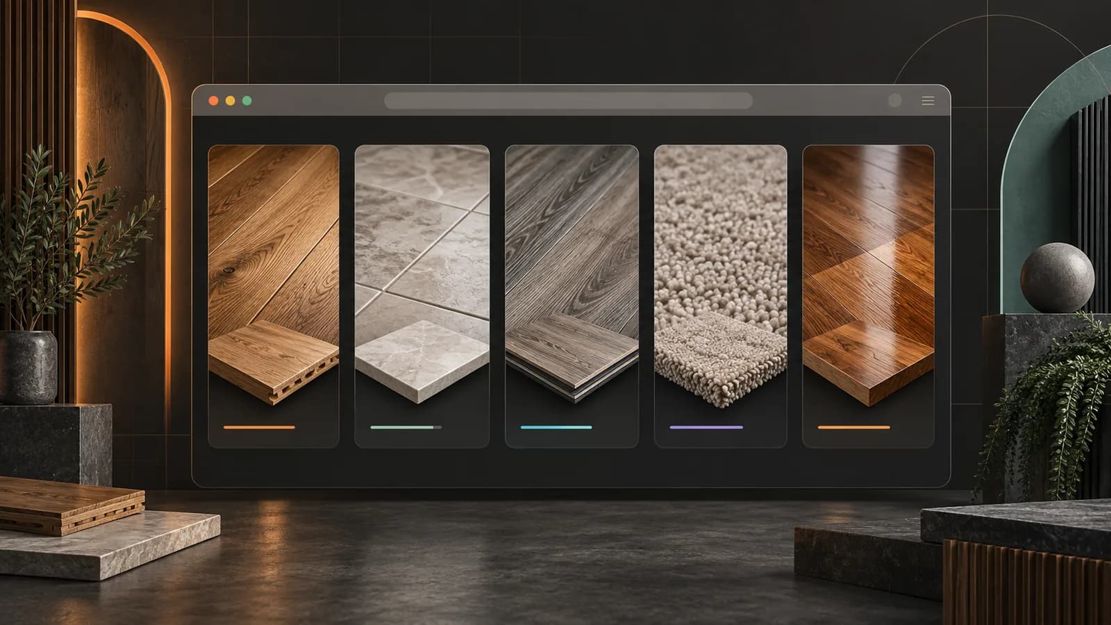 Illustrative flooring contractor website interface presenting hardwood, tile, luxury vinyl, carpet, and refinishing material paths.