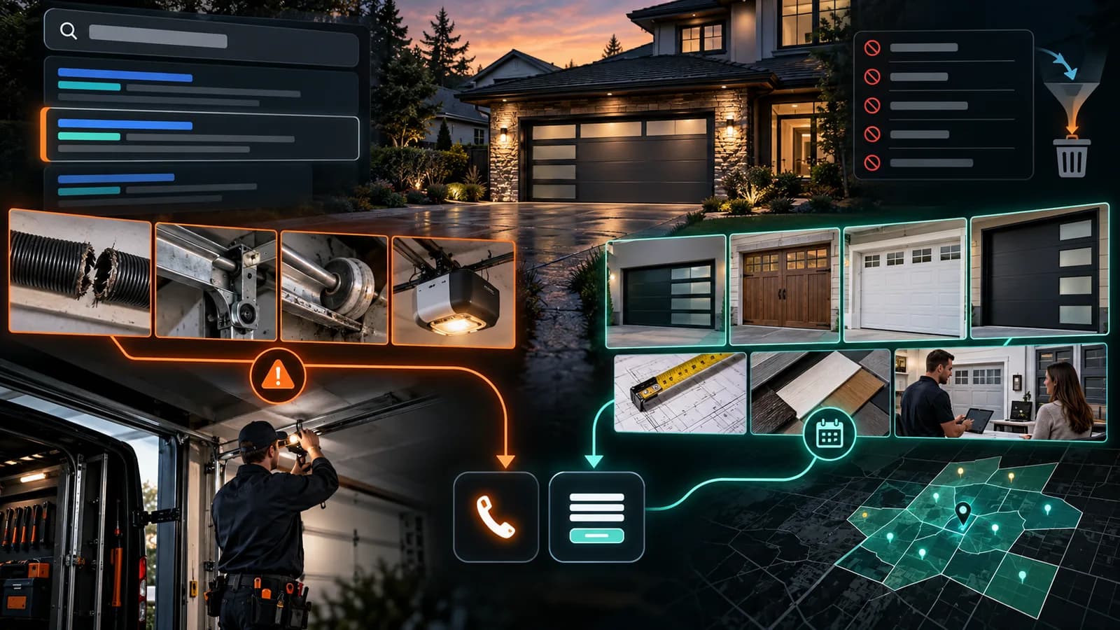 Illustrative garage door paid-search system separating urgent spring, track, roller, and opener repairs from planned door replacement, material selection, fictional coverage, and inquiry routing.