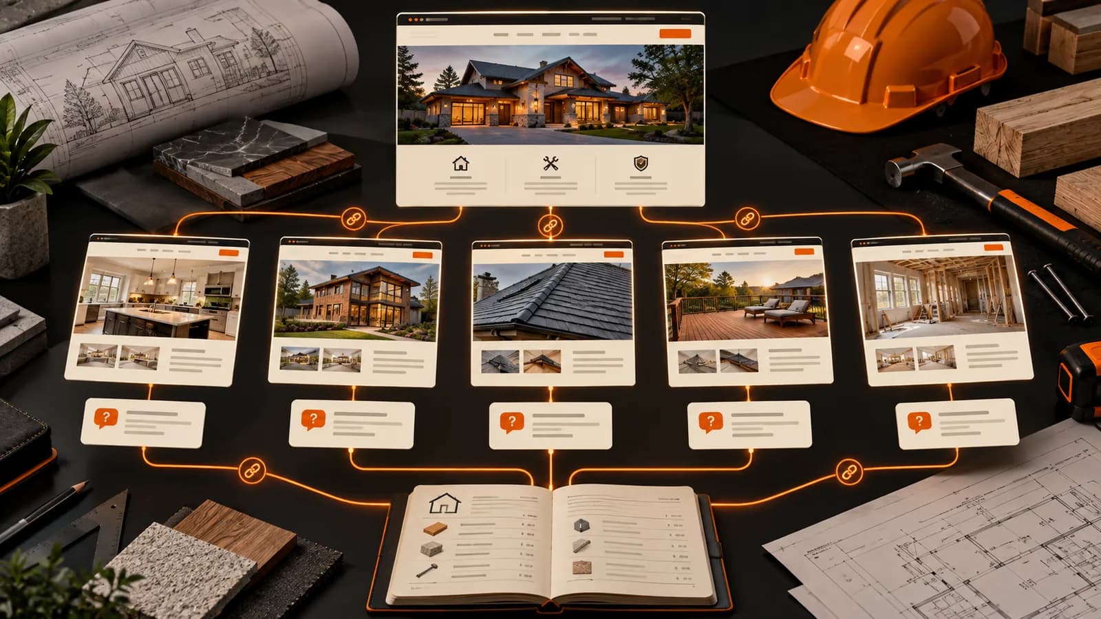 Illustrative general contractor website architecture connecting distinct kitchen, addition, roofing, deck, and renovation service pages through internal links and a shared measurement ledger.