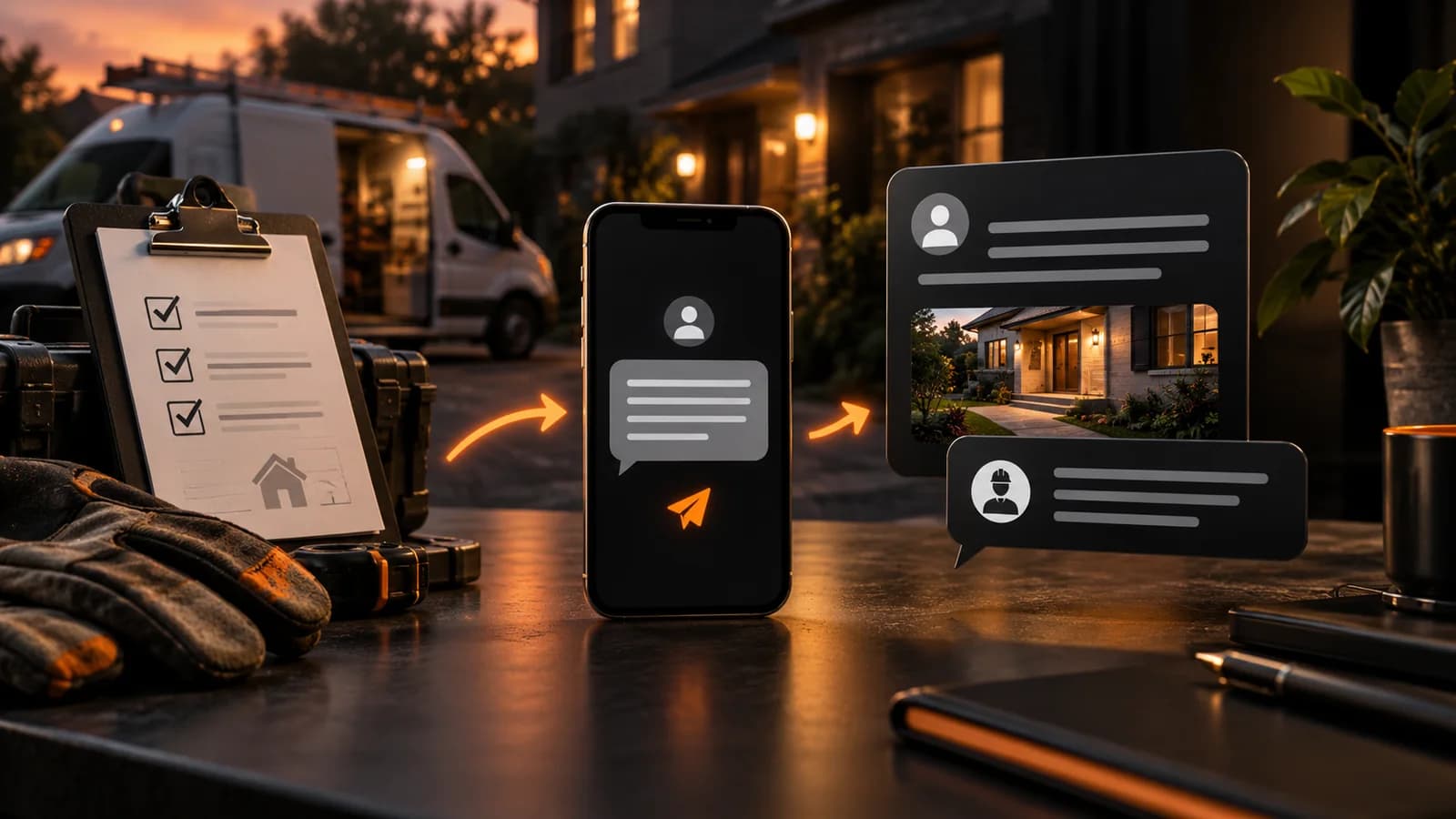 Illustrative home-service review workflow connecting a completed service visit, neutral mobile review request, customer response, and business reply.