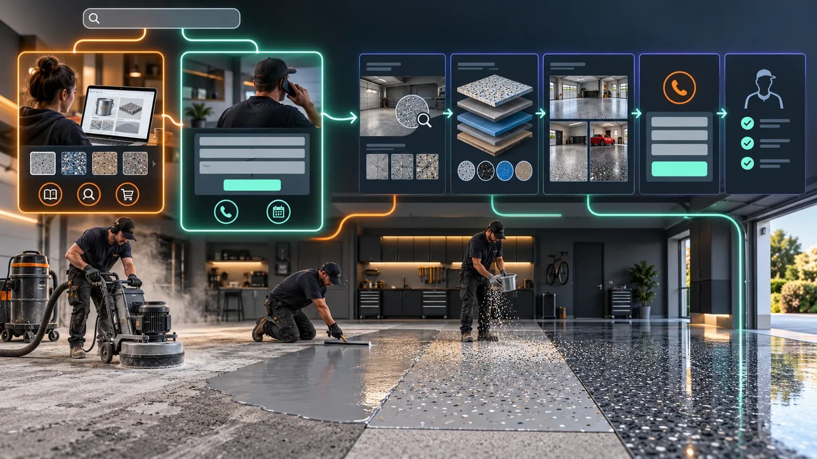Illustrative epoxy flooring paid-search system separating DIY research from professional installation, surface preparation, coating layers, finish choices, and inquiry qualification.