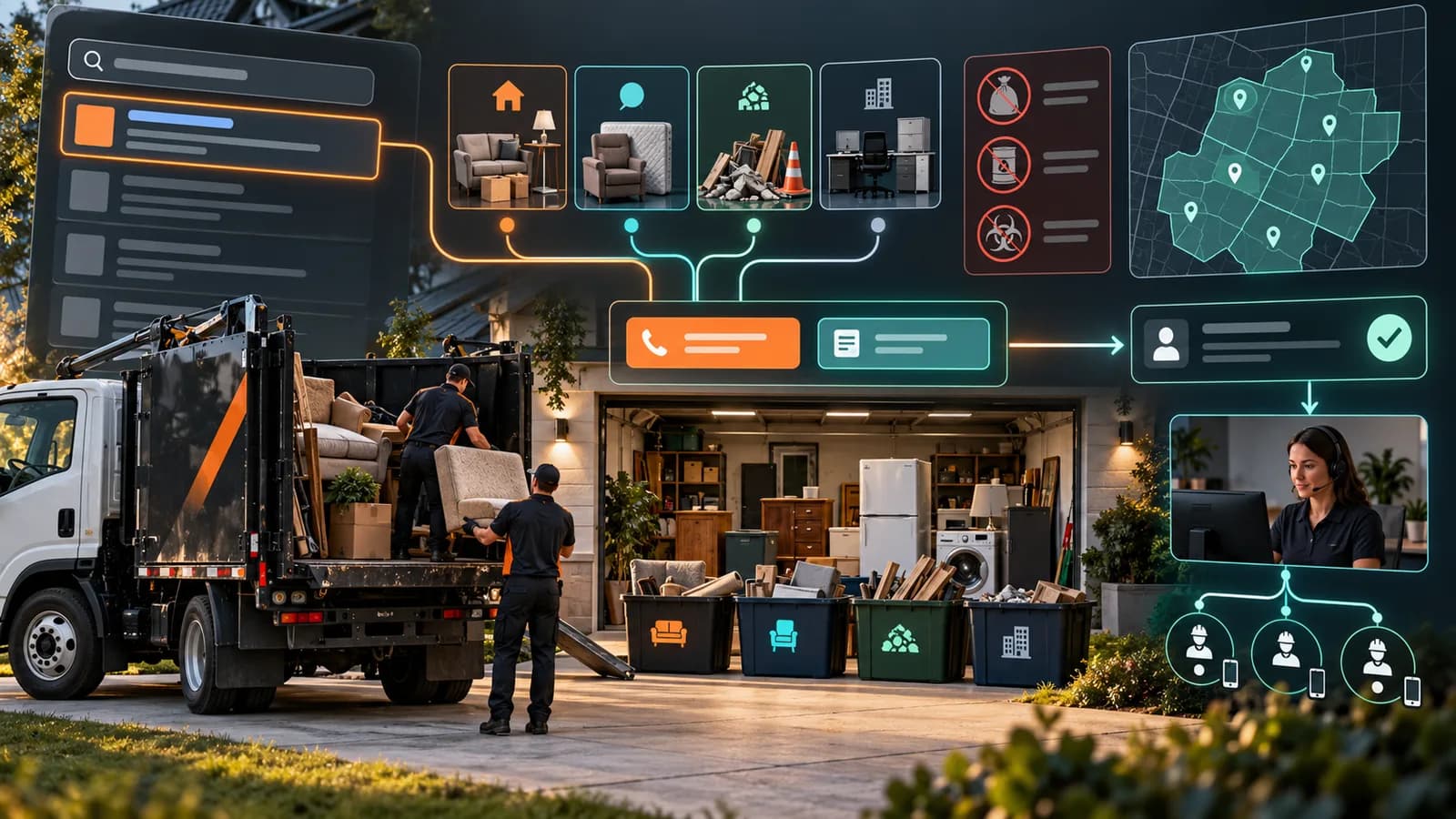 Illustrative junk removal paid-search system connecting household, bulky-item, construction, and commercial cleanout paths with search-intent filtering, fictional coverage, and inquiry routing.