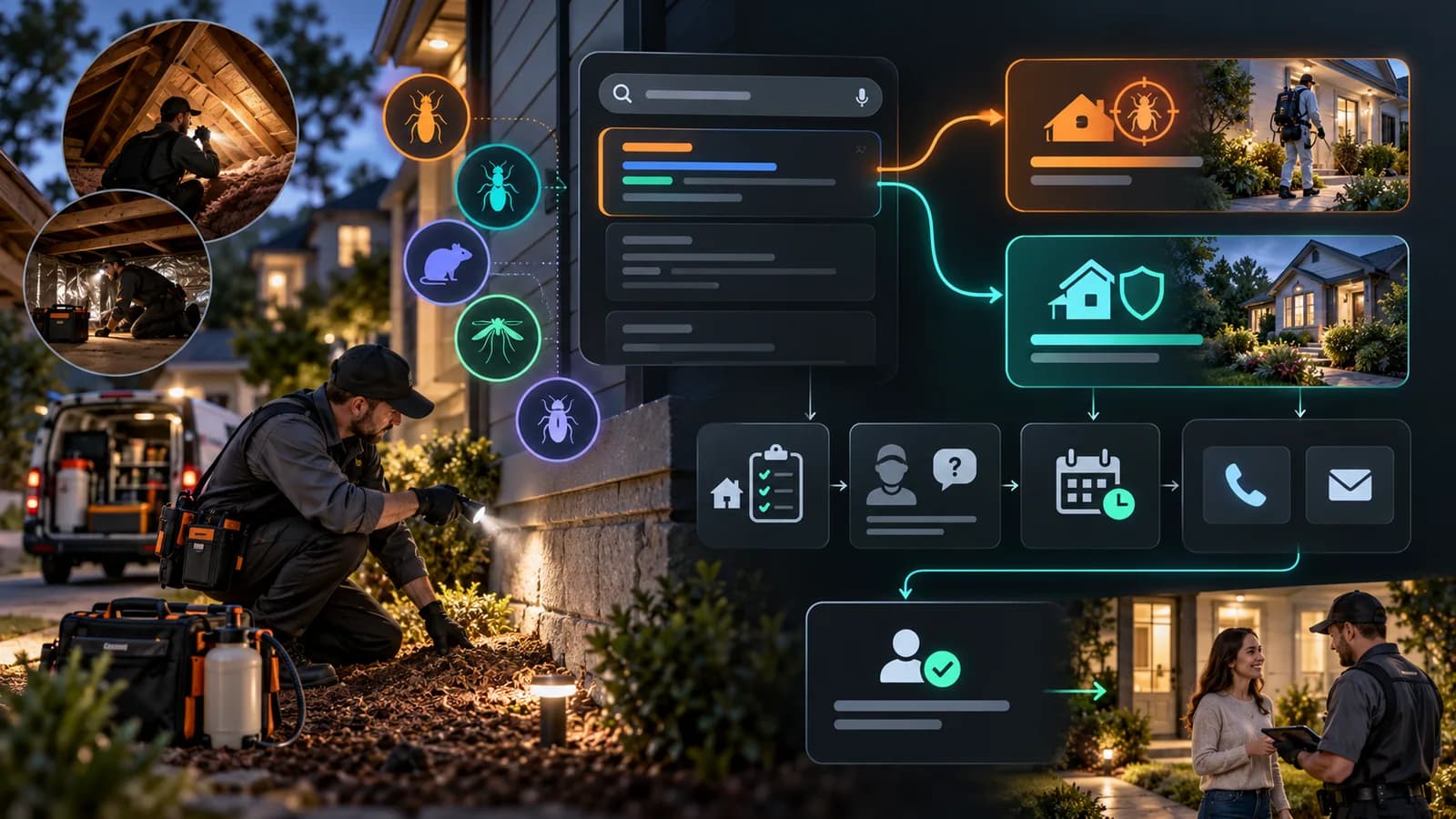 Illustrative pest control paid-search system separating immediate treatment and ongoing prevention needs, inspection questions, fictional coverage, scheduling, and inquiry tracking.