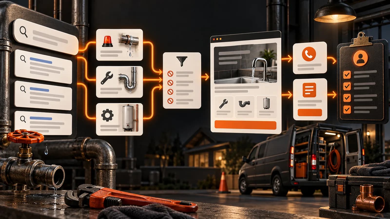 Illustrative plumbing paid-search system separating service intent, exclusions, landing-page paths, call and form routes, and lead qualification without performance figures.