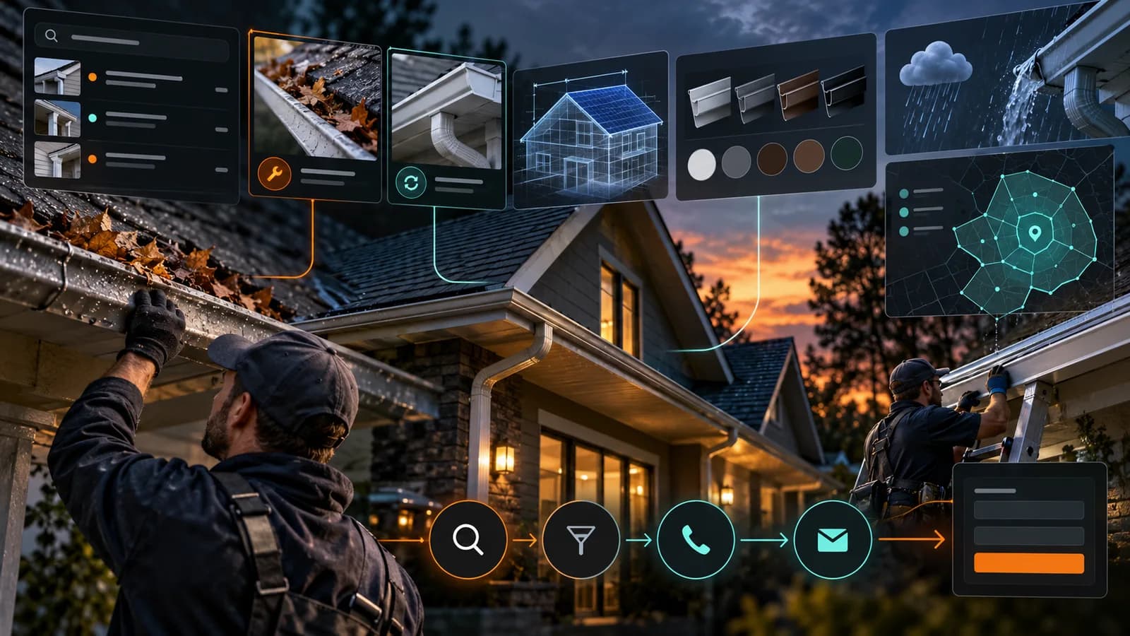 Illustrative gutter paid-search system separating repair and replacement intent across roofline inspection, drainage planning, material selection, fictional coverage, and inquiry routing.