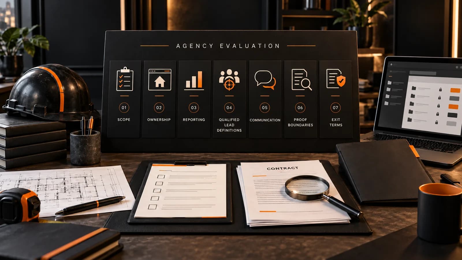 Illustrative seven-part contractor SEO agency evaluation covering scope, ownership, reporting, qualified-lead definitions, communication, proof boundaries, and exit terms.