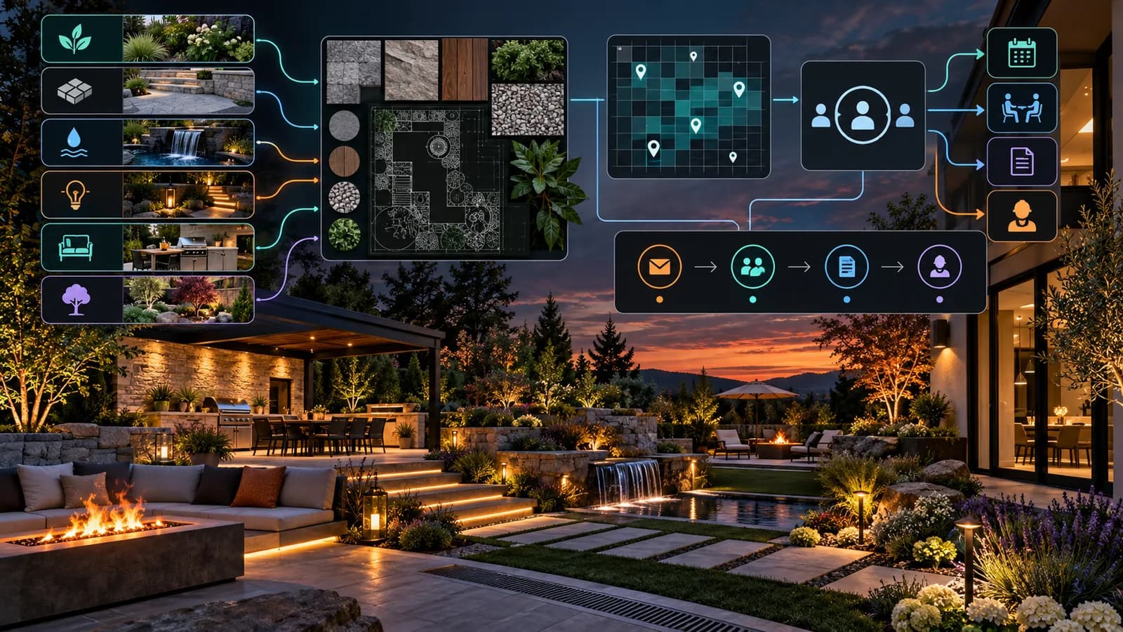 Illustrative landscaping SEO system connecting planting, hardscaping, water features, lighting, outdoor-living project evidence, fictional coverage, and inquiry-stage measurement.