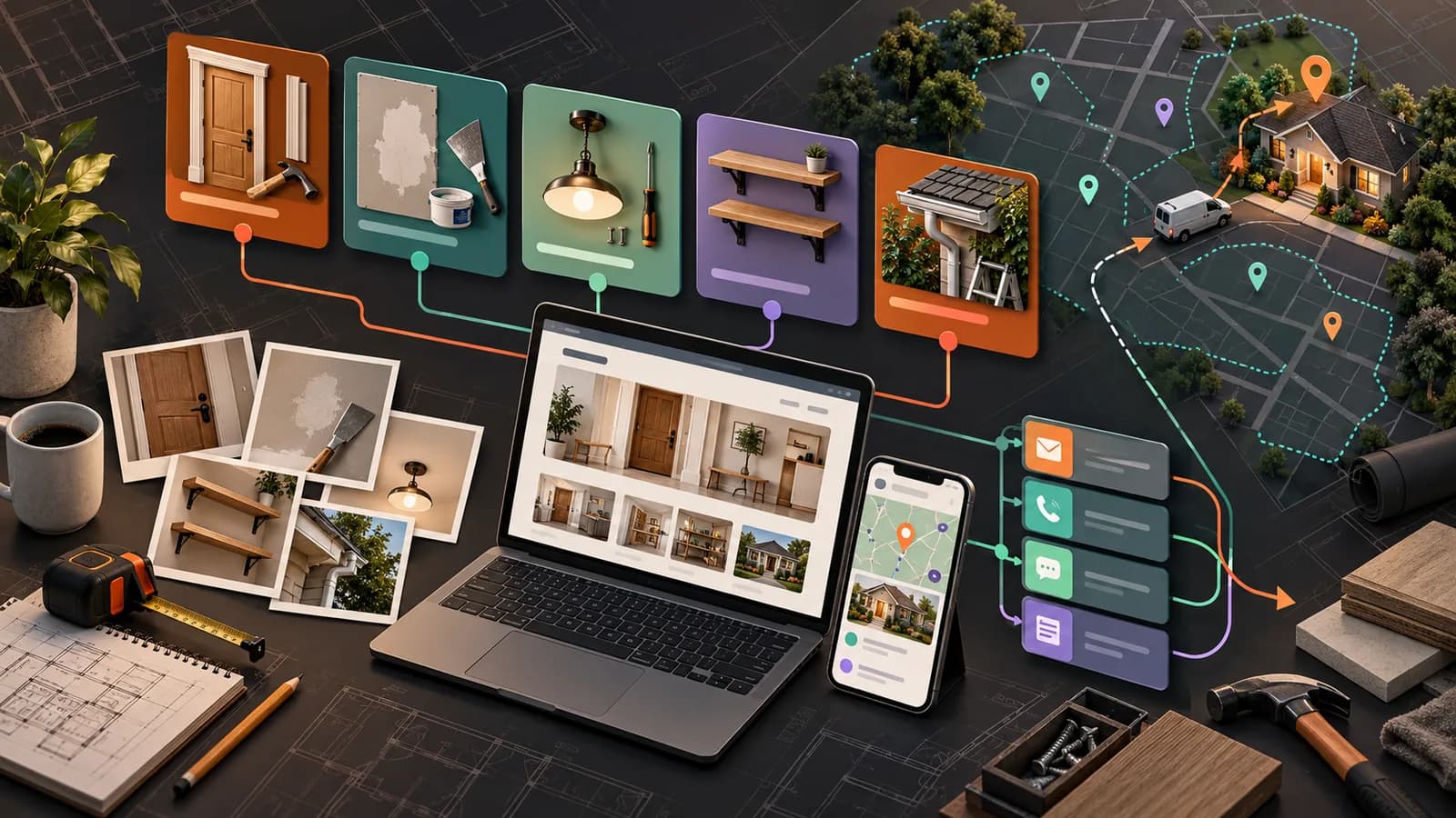Illustrative handyman local marketing system connecting organized repair services, project photos, a contractor website, inquiry options, and fictional service areas.