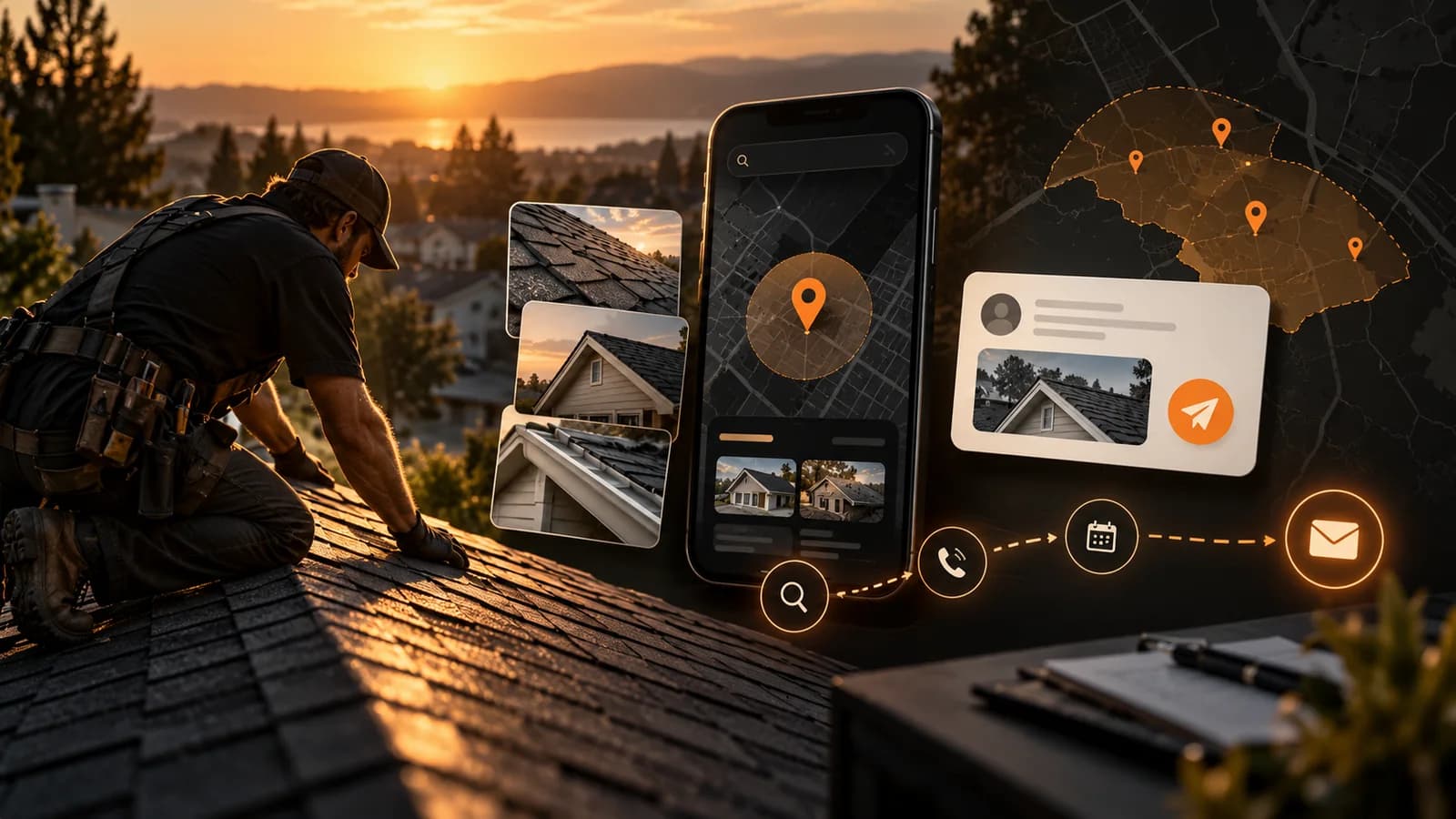 Illustrative roofing local search workflow combining roof inspection photos, service-area mapping, mobile search, and inquiry follow-up.