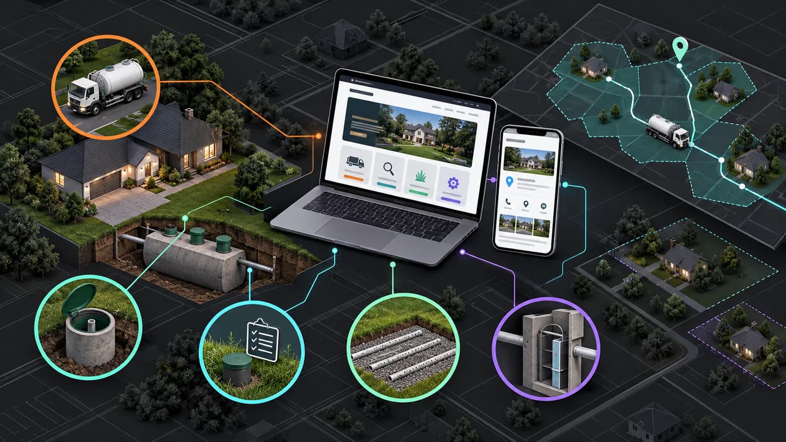 Illustrative septic service local marketing system connecting pumping, inspection, drain-field care, system components, a contractor website, and fictional routing areas.