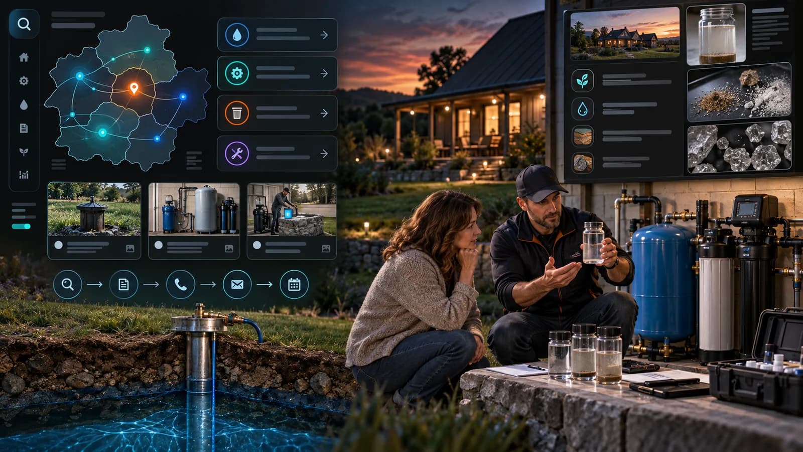 Illustrative well-water local search system connecting fictional rural coverage, well and filtration equipment, water-sample assessment, educational service paths, and inquiry routing.