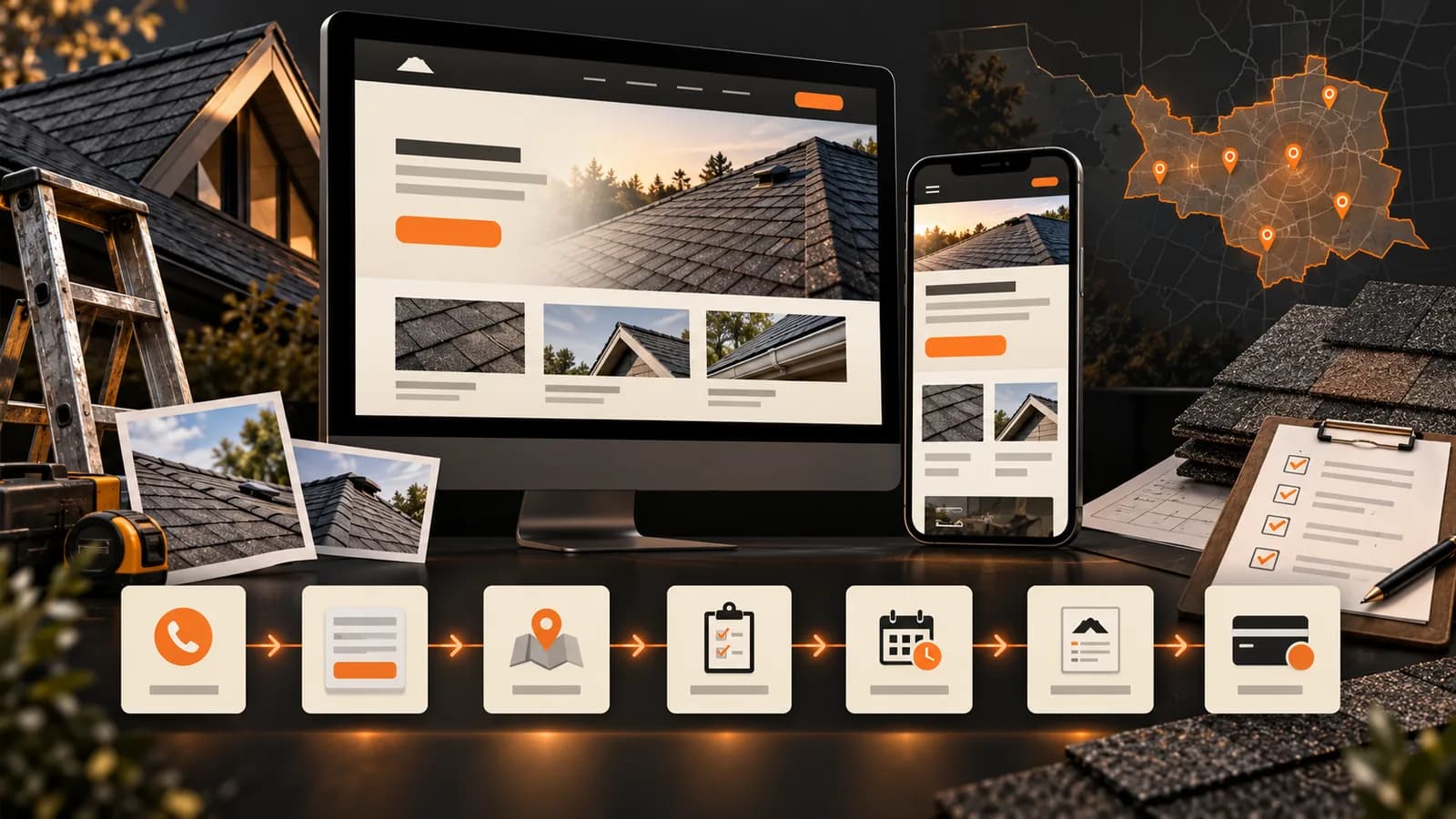 Illustrative roofing website measurement path connecting desktop and mobile service pages, contact options, service-area fit, inquiry review, scheduling, proposal, and payment without outcome figures.