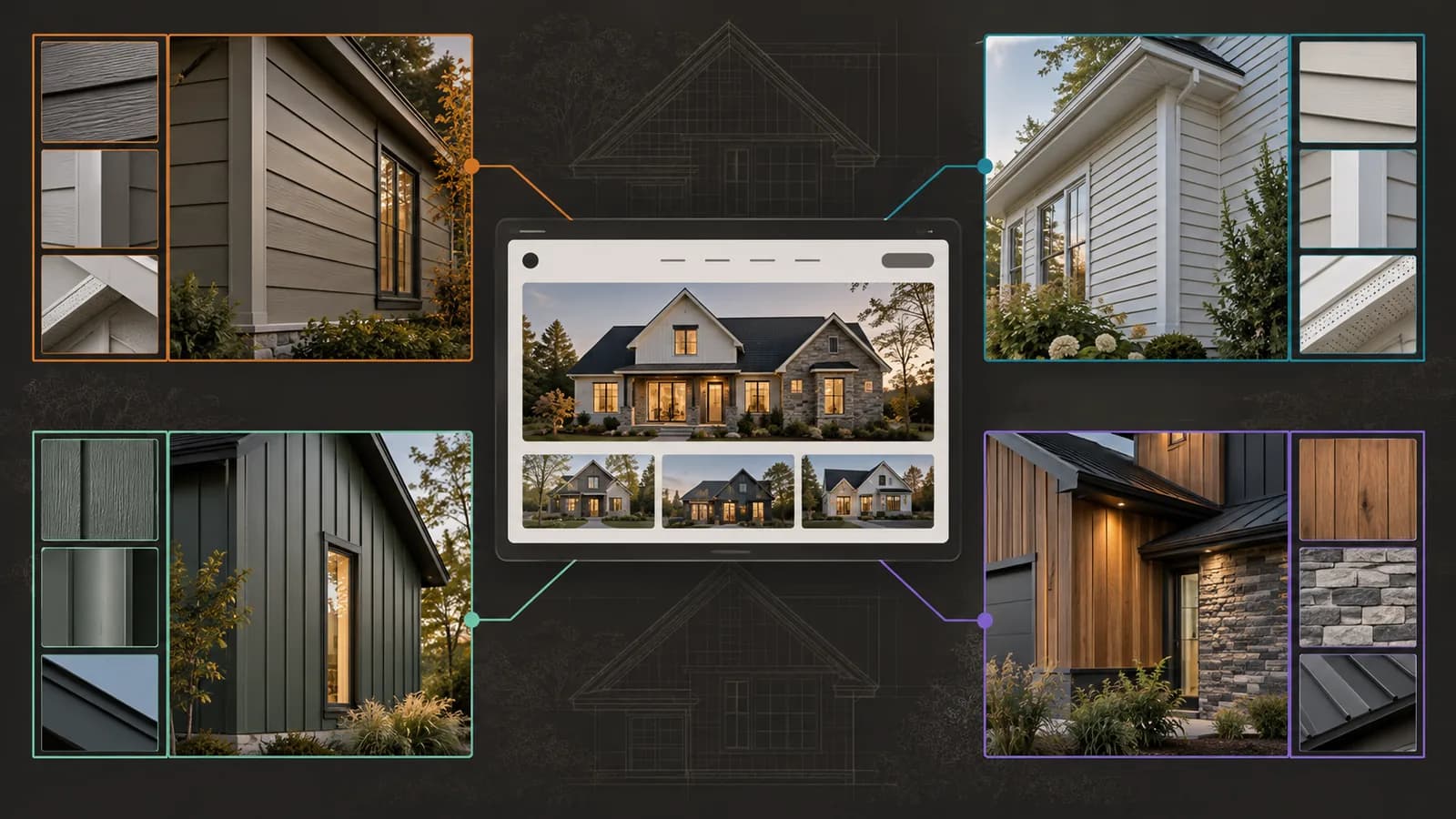 Illustrative siding contractor website gallery presenting lap siding, vinyl, board-and-batten, mixed materials, trim, and flashing details.
