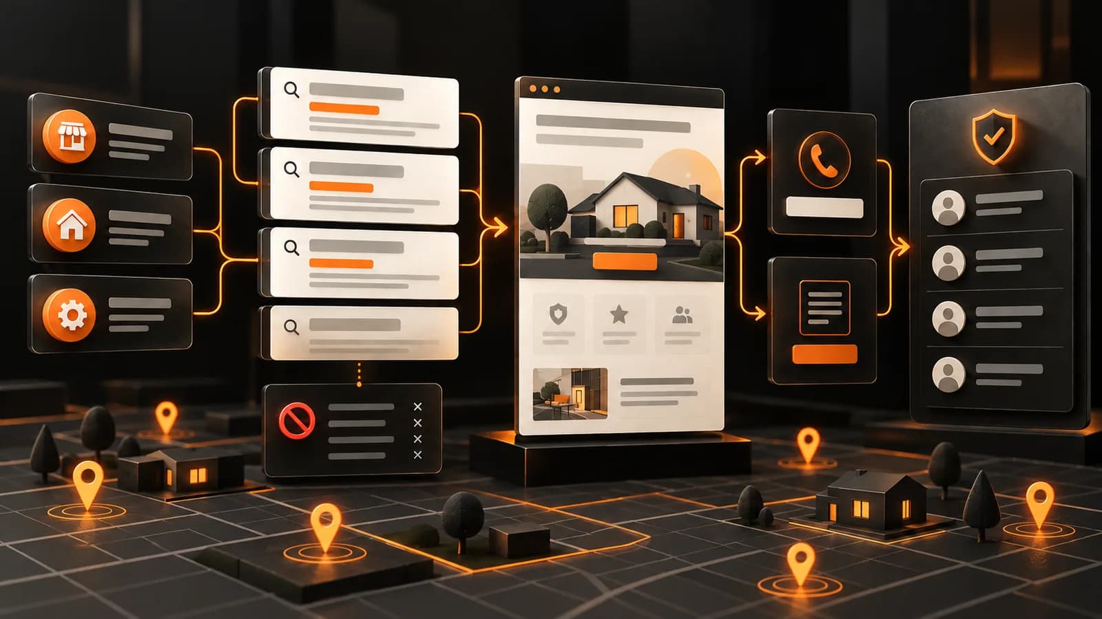 Illustrated paid-search system connecting intent groups, landing pages and lead qualification