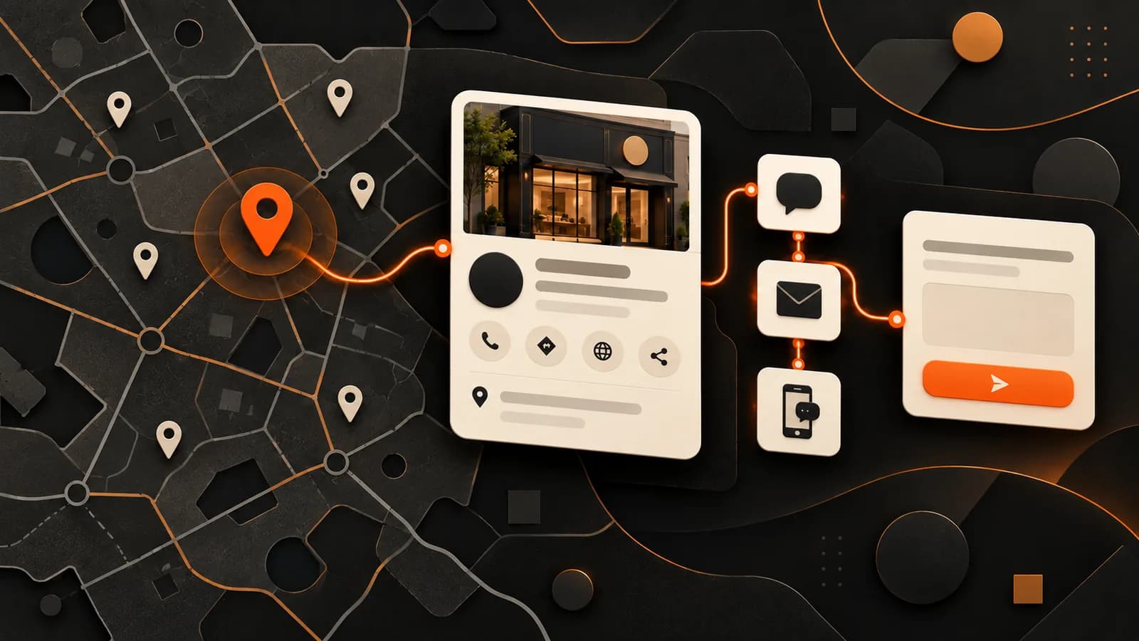Illustrated local discovery system connecting a service-area map to a business profile and inquiry