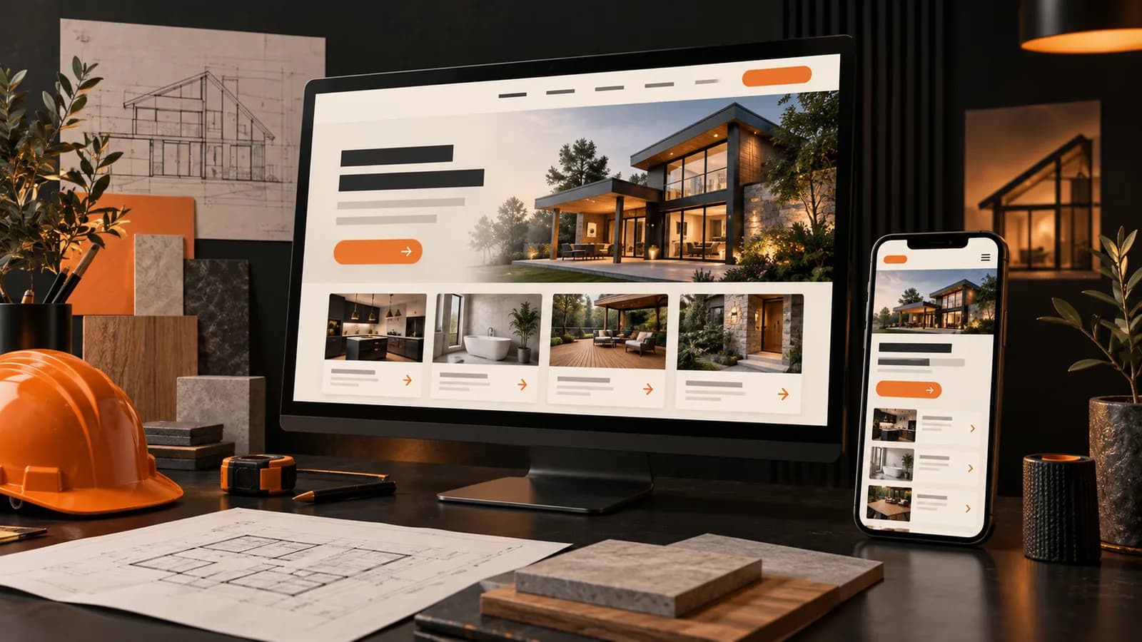 Illustrated responsive home-service website across desktop and mobile screens