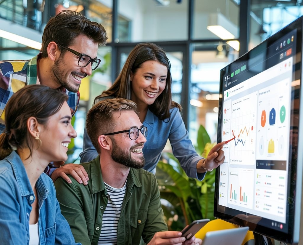 The SF Web Tech team reviewing a marketing dashboard with a client