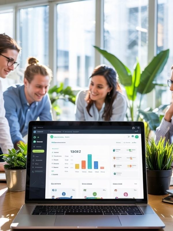 The SF Web Tech team huddled around a marketing dashboard